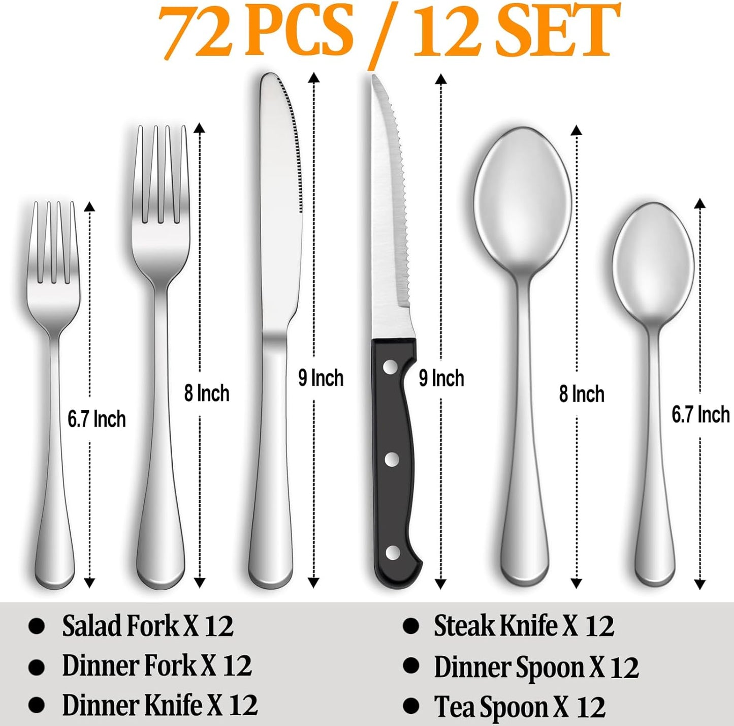 72 Pcs Silverware Set with Steak Knives Service for 12,Stainless Steel Flatware Set,Mirror Polished Cutlery Utensil Set,Home Kitchen Eating Tableware Set,Include Fork Knife Spoon Set,Dishwasher Safe