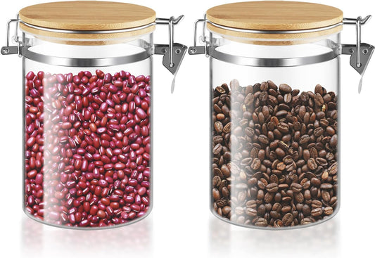 Set Of 2 Glass Jar With Bamboo Lids Empty Food Storage Jars With Locking Clamp Kitchen Canisters Glass Sealed Jar Container For Coffee Beans Sugar Tea Spices And More (900ml/30oz)