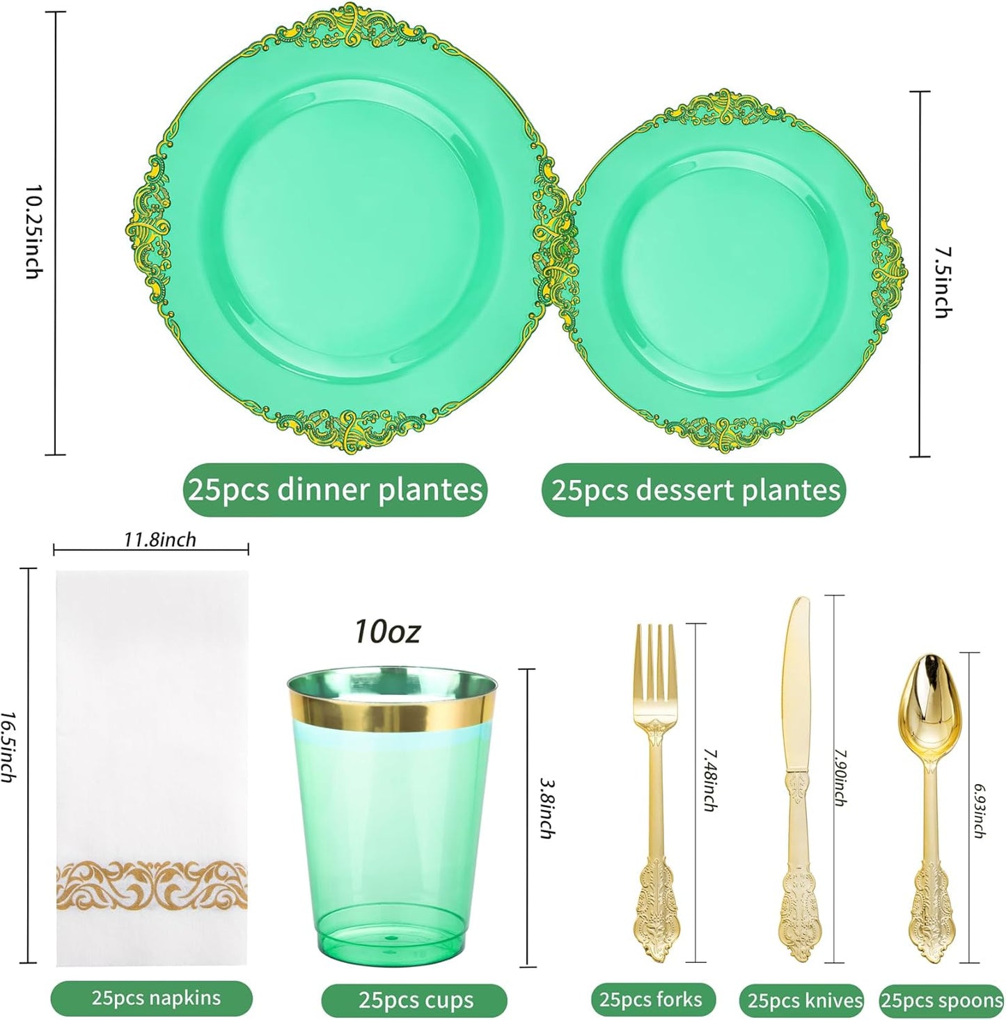 Hioasis 175pcs Clear Green Plastic Plates - Elegant Disposable Dinnerware Set Suitable for 25 Guests Include 10.25" Dinner & 7.5" Dessert Plates, Cutlery, Napkins, Cups for Party & Wedding