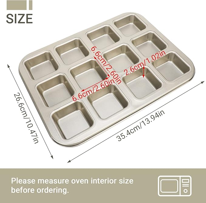 Beasea Brownie Pan with Dividers, 1 Set Gold All Edges Square Cupcake Brownie Pans 12 Cavity Mini Non Stick Baking Carbon Steel Bread Mold Small Edge 3x4 Individual Cutter Sheet Tray for Cake Oven