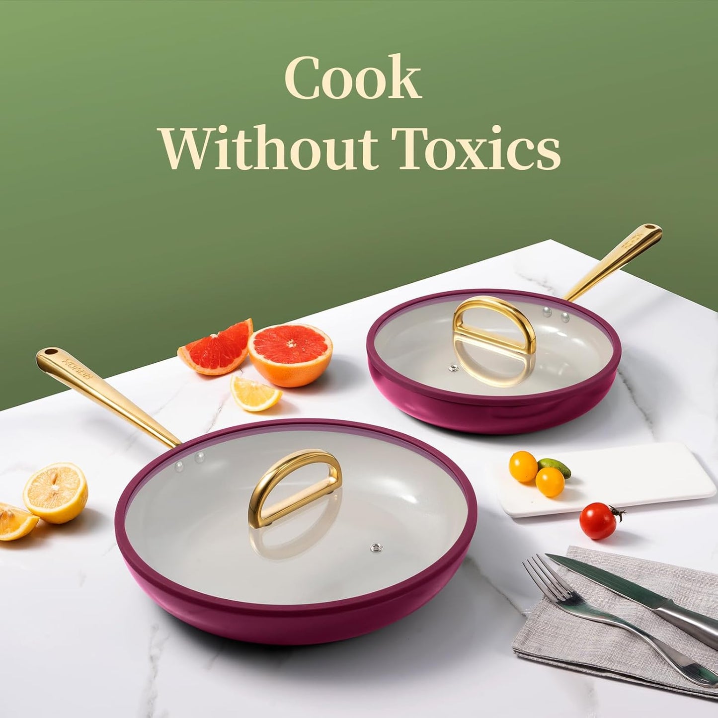 ROYDX Titanium Ceramic Nonstick Fry Pan Set 8", 10" and 12" Frying Pan Skillet Set with Glass Lids-Non Toxic, PTFE & PFOA Free - Oven Dishwasher Safe & Compatible with All Stovetops-Dark Purple