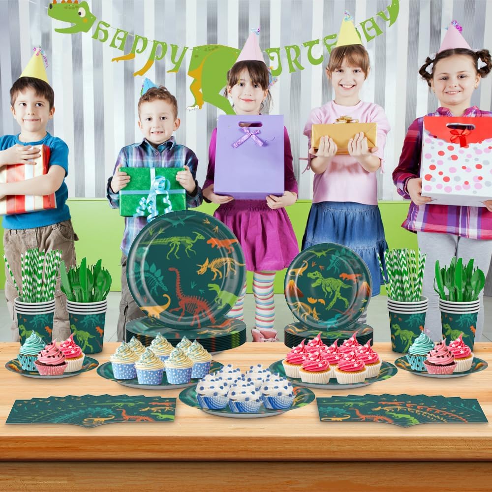 Dinosaur Plates and Napkins for Birthday Party Dino Tableware Set,Dinosaur Party Decorations Dino Plate Baby Shower,Disposable Dinosaurs Dinnerware Set with Tablecloth Cup Banner for Kids Boy Serve 24
