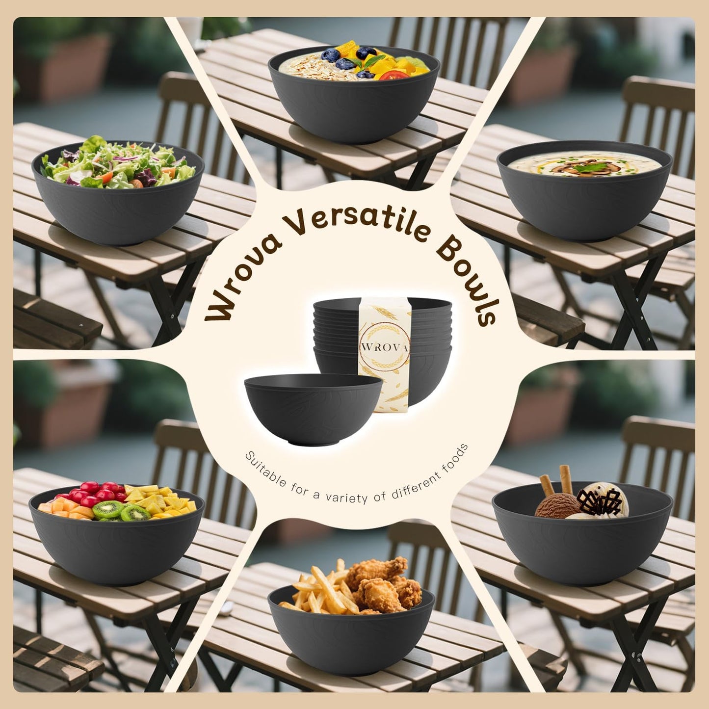 Wrova Black Cereal Bowls 40oz for Cereal Lover,Unbreakable Alternative Plastic Bowls Set of 6,Extra Thick Anti-Scald Bowl Sets suitable for Salad,Soup and Fruit.