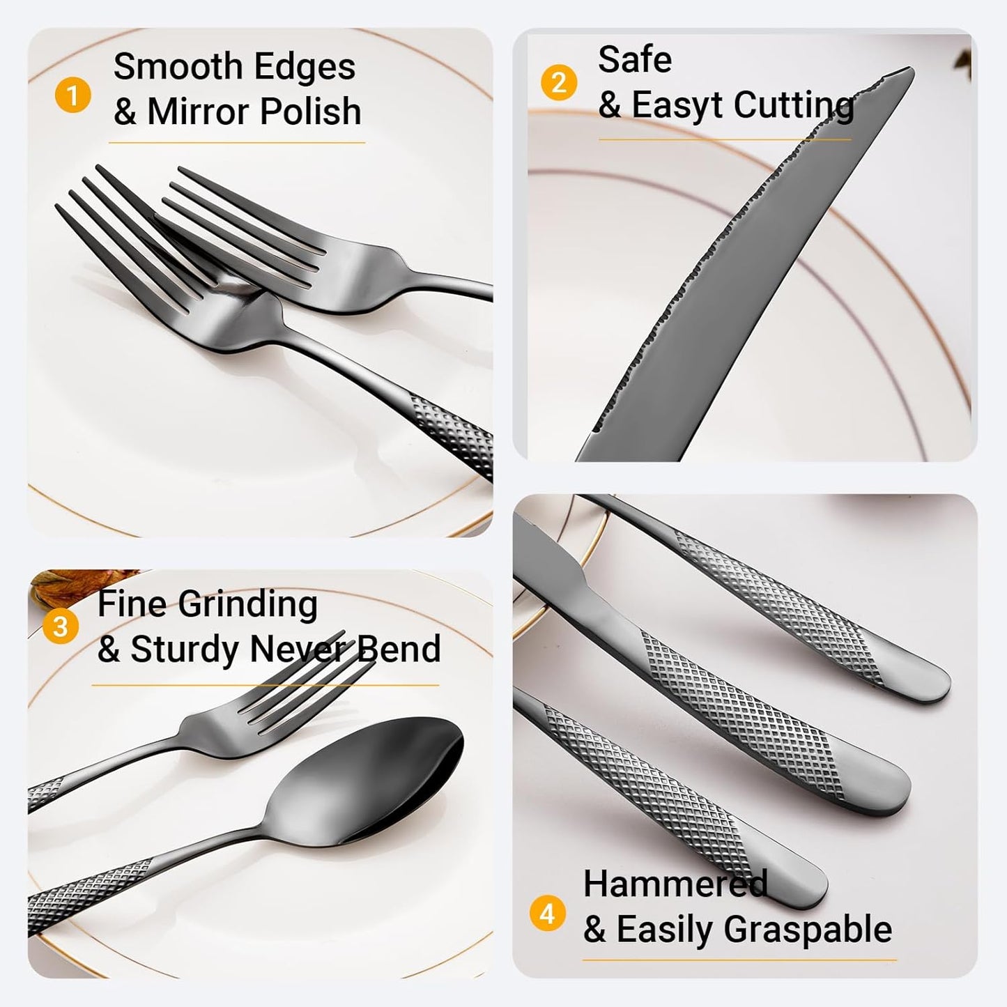 24-Piece Black Hammered Silverware Set, Food-Grade Stainless Steel Flatware Service for 6, Modern Cutlery Utensil Set with Forks Knives Spoons, Mirror Polished, Dishwasher Safe for Home Kitchen Dining