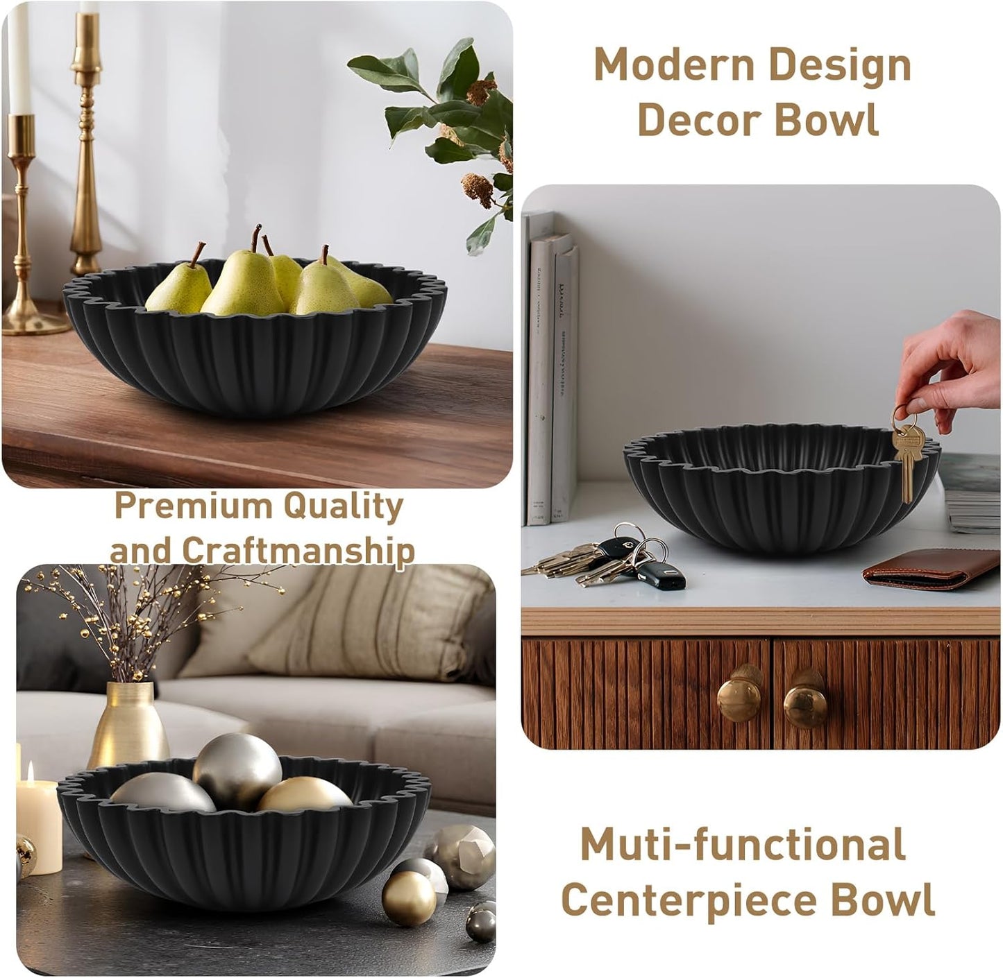 Large Decorative Bowl for Home Decor - Centerpiece for Coffee Table,Dining Table,Kitchen, Entryway Key bowl & Fruit Display - Modern Concrete Stone Design (Black)