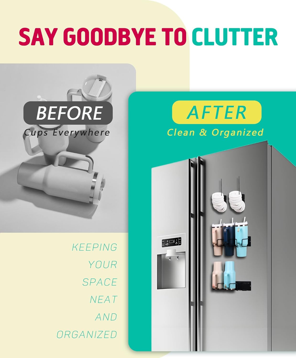 Magnetic Tumbler Holder for Stanley, Magnetic Cup Organizer for Refrigerator, Compatible with Stanley 30oz & 40oz Tumblers, Water Bottle Magnetic Rack (Grey, 6 Tumblers& 2 Lid Holder)