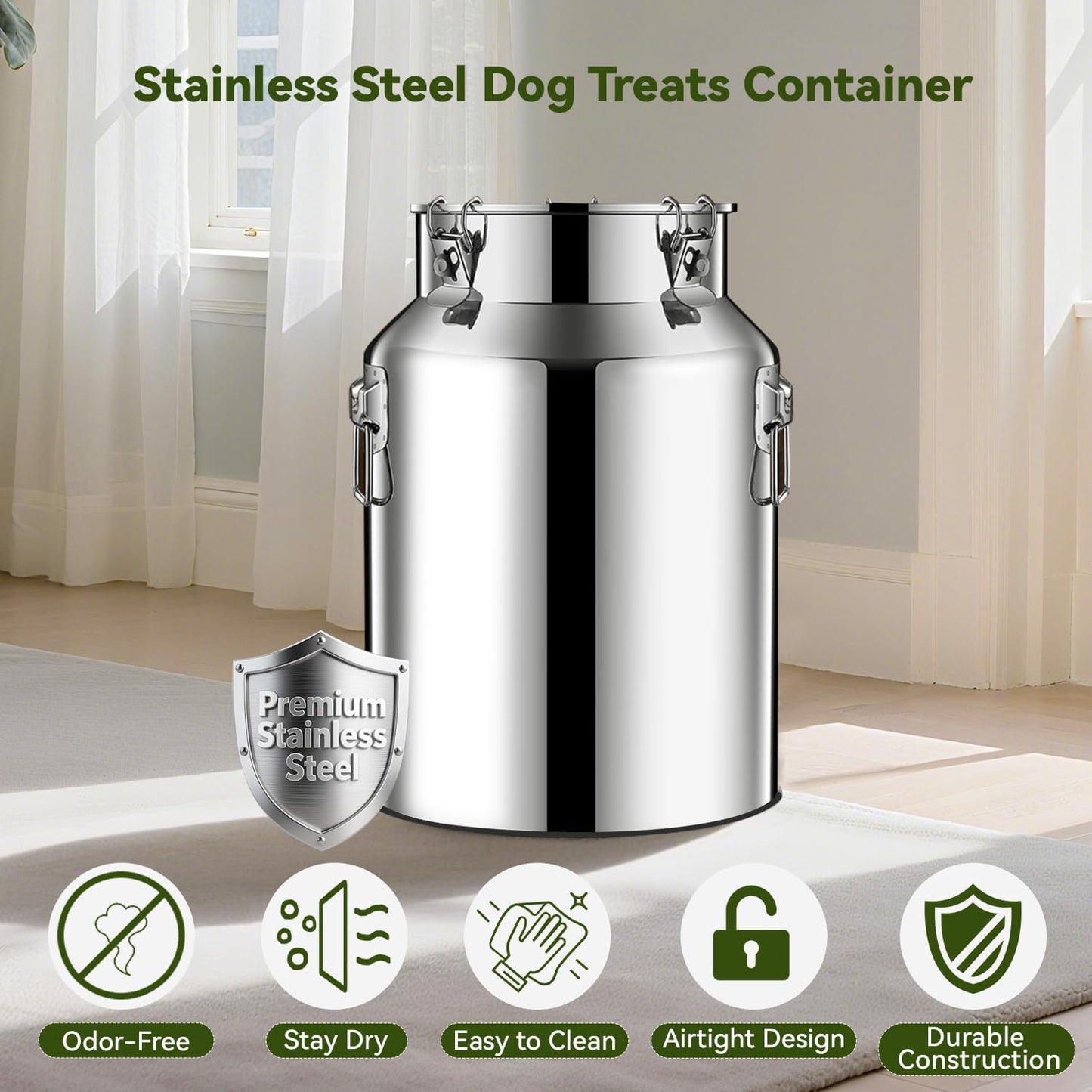 16lb Stainless Steel Dog Food Storage Container, Metal Pet Storage Container with Airtight Hangable Lid to Keep Food Fresh, Large Cat Food Storage Container with Scoop to Easily Clean