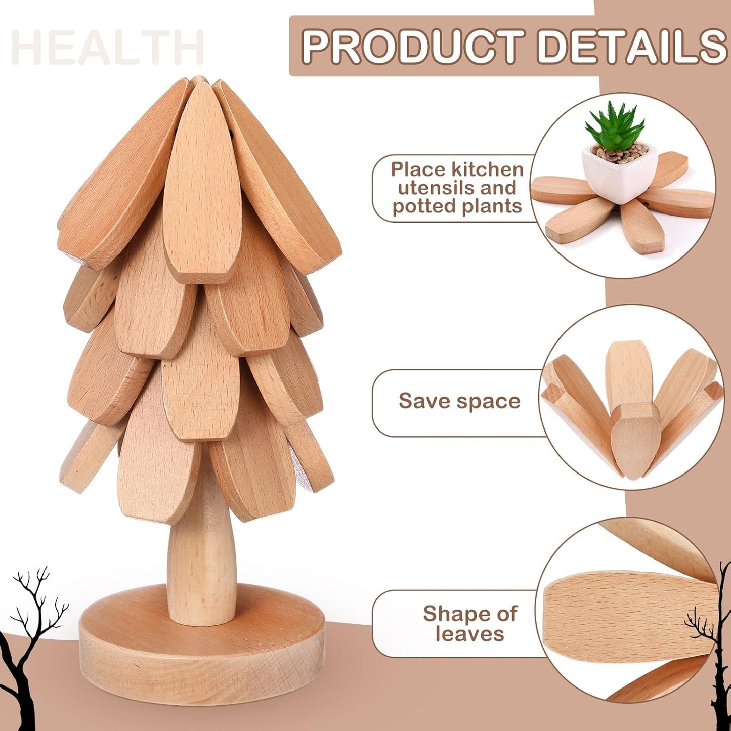 Wooden Tree Coaster Trivets Wood Trivets Set for Hot Dishes Set of 4 Christmas Tree Shape Foldable Wooden Coaster and 1 Stand Natural Trivet for Cups Plates Bowls Pots(Beech Color)