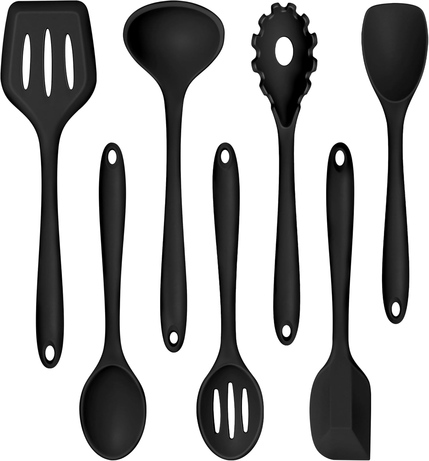 TeamFar Silicone Cooking Utensil Set of 7, Black Kitchen Nonstick Tools Turner Spoon Spatula Ladle Pasta Server for Nonstick Cookware, Healthy & One-Piece, Anti-Heat & Dishwasher Safe