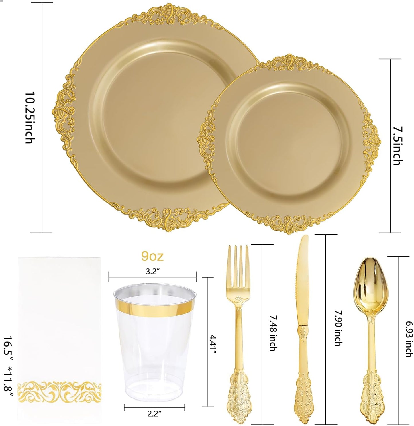 Morejoy 175PCS Solid Gold Plastic Plates with Gold Rim，gold disposable dinnerware sets Include 25 Dinner Plates,25 Dessert Plates,25 Cutlery Sets,25 Napkins Perfect for Party & Thanksgiving