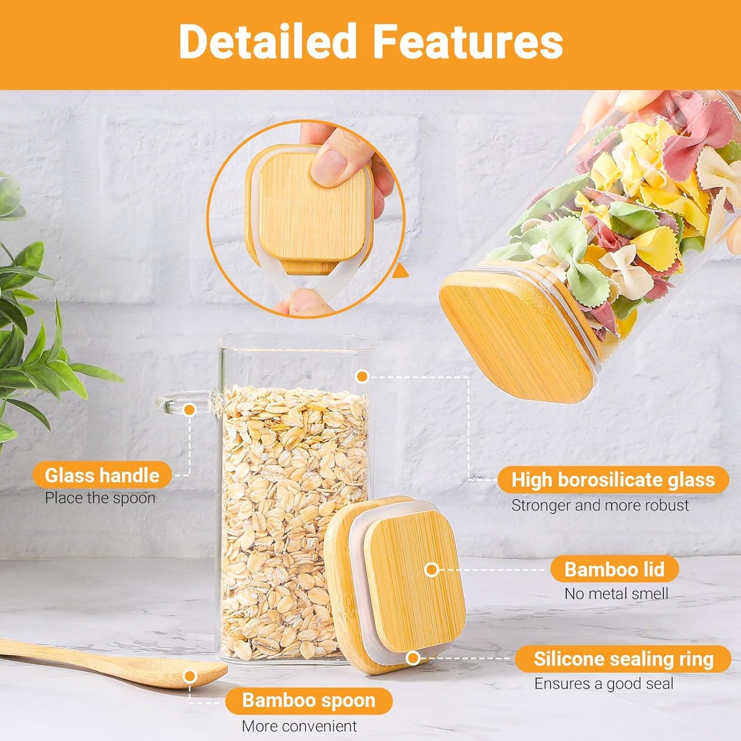 Glass Jars with Bamboo Lids and Spoons - 2 Pack 11 Fl.oz Square Glass Spice Jars with Airtight Lid, Clear Pantry Storage Container Food Canister for Seasoing, Loose Leaf Tea, Coffee, Sugar, Oats