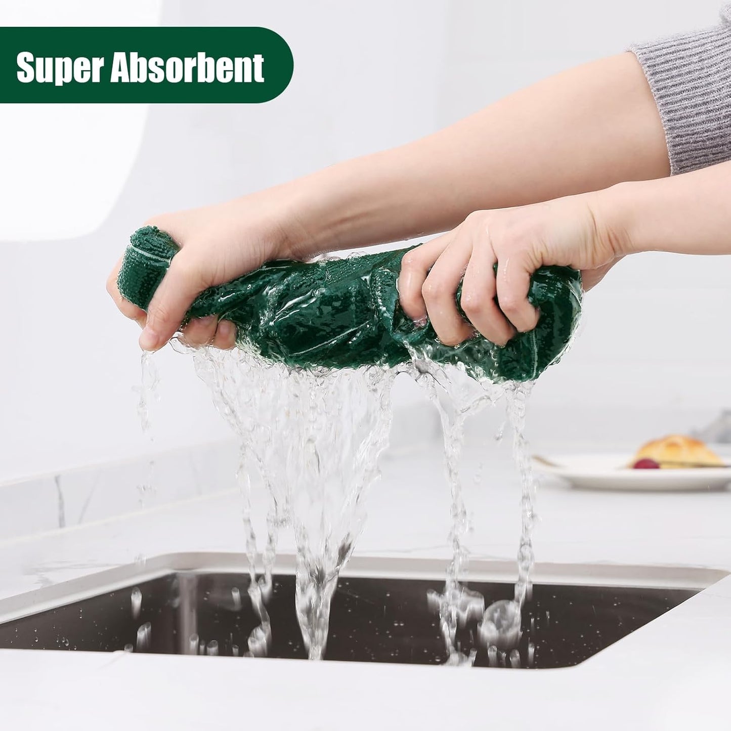 Homaxy Microfiber Kitchen Towels and Dishcloths Set, 12 Pack Soft and Absorbent Dish Hand Towels Bulk, 28 x 16 Inch & 12 x 12 Inch Quick Drying Rags for Washing Dishes, Dark Green