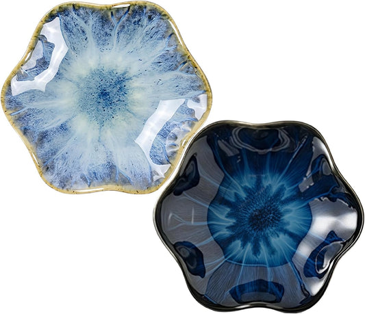 2Pcs Ceramic Jewelry Dish - Lotus Leaf Shape, for Ring Holder Necklace Small Key, Suitable for Mother Friend Sister, Gifts for Women, Cute Plate Trinket Tray, Home Decor (Light Blue & Blue)