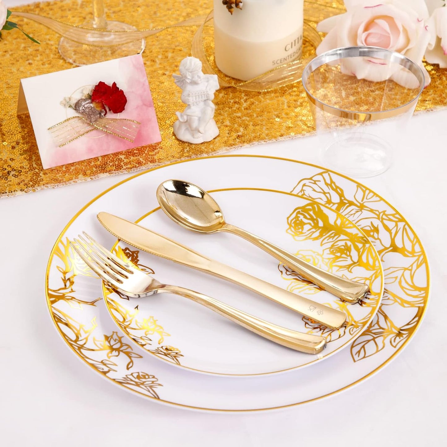 DaYammi 210Pcs White Gold Plastic Plates for Party,Thanksgiving Gold Disposable Dinnerware Set Includes 60 gold floral plates,30 plastic Silverware,30 Per Rolled Napkins,30 Plastic Cups for Party
