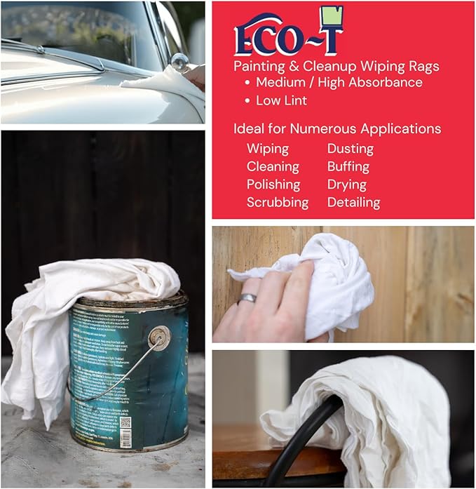 25Lb Box Eco-T Paint Rags - White T-Shirt Material, 100% Recycled, Eco-Friendly, High Absorbency, Low Lint, Low-Cost, Painting and Cleaning Cloth