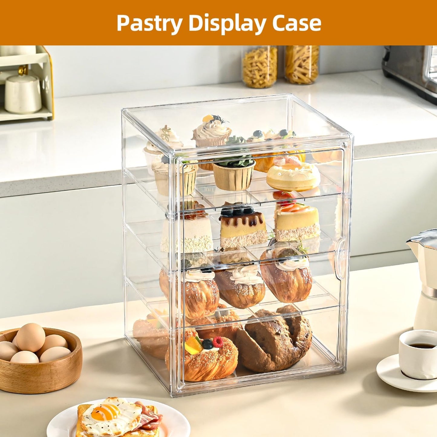 Pastry Display Case，4-Tier Adjustable Clear Bread Storage with Magnetic Door，Bread Box for Kitchen Countertop，15.7x11.8x9.8xinch (4 Tier-1 Pack)