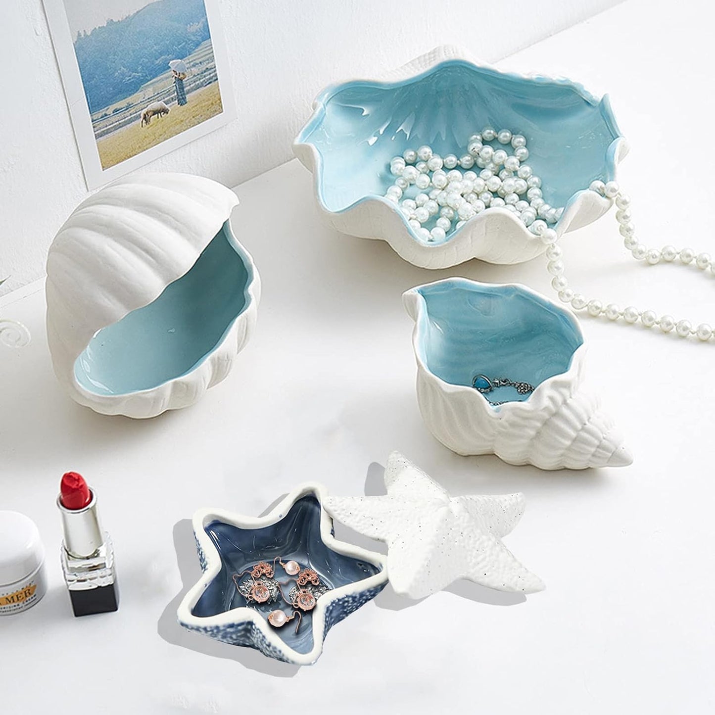 Starfish Ring Holder for Jewelry, Ceramic Trinket Tray Candy Dishes, Jewelry Tray Jewelry Plate, Bracelet Holder and Earring Organizer for Table Birthday Home Party Decor (C STYLE)