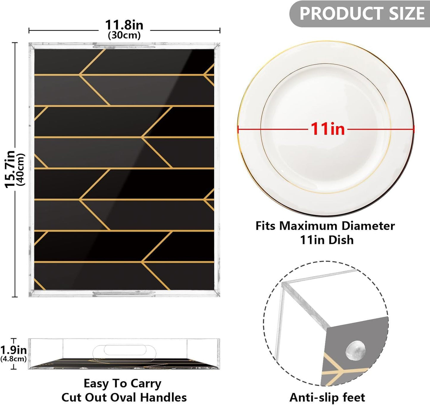 Acrylic Serving Tray with Handles Spill Proof Kitchen Storage Tray Clear Decorative Tray Makeup Drawer Organizer Storage Tray for Bathroom Living Room Ottoman 15.7x11.8Inches
