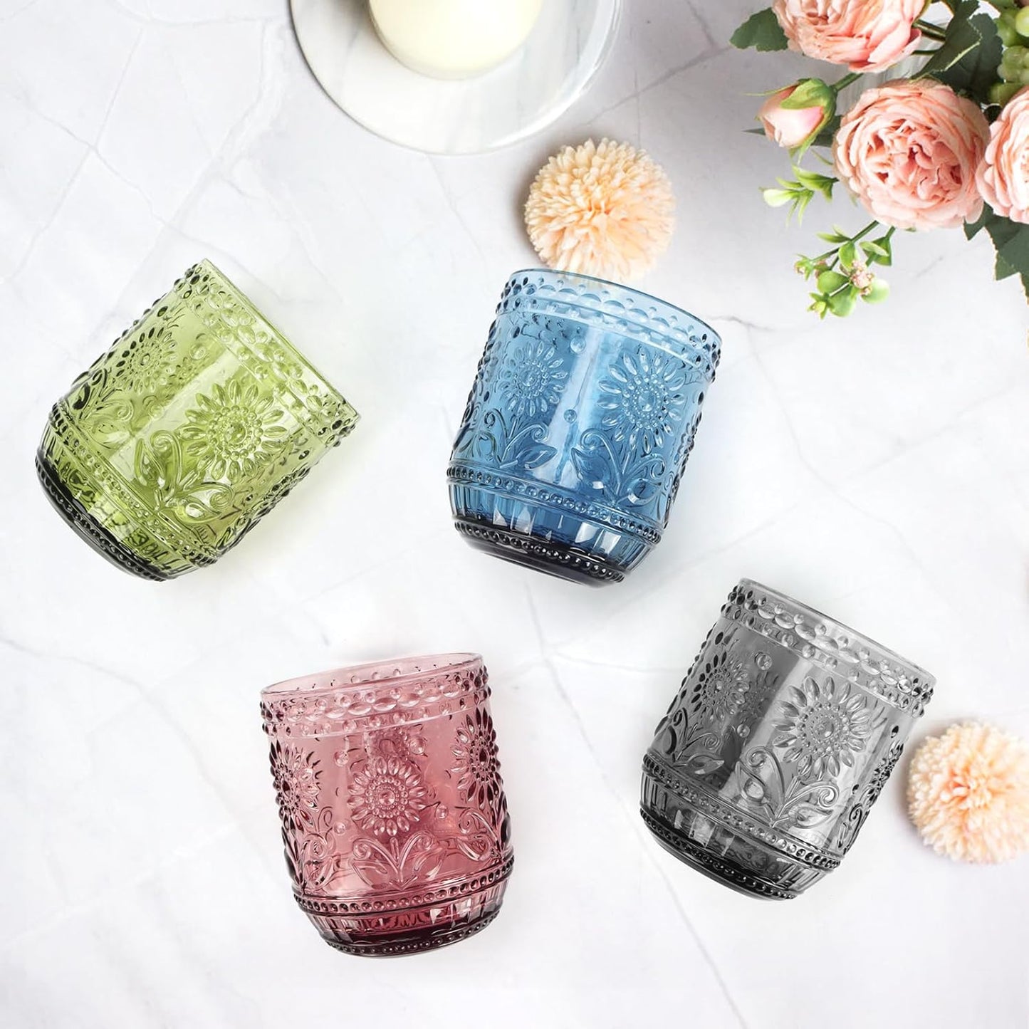Glass Cups, Vintage Glassware Drinking Glass Set of 4, 12oz Colored Glassware with Sunflower Design, Embossed Floral Decorative Glasses Drinking Set for Cocktail, Wine, Vintage Drinking Glasses