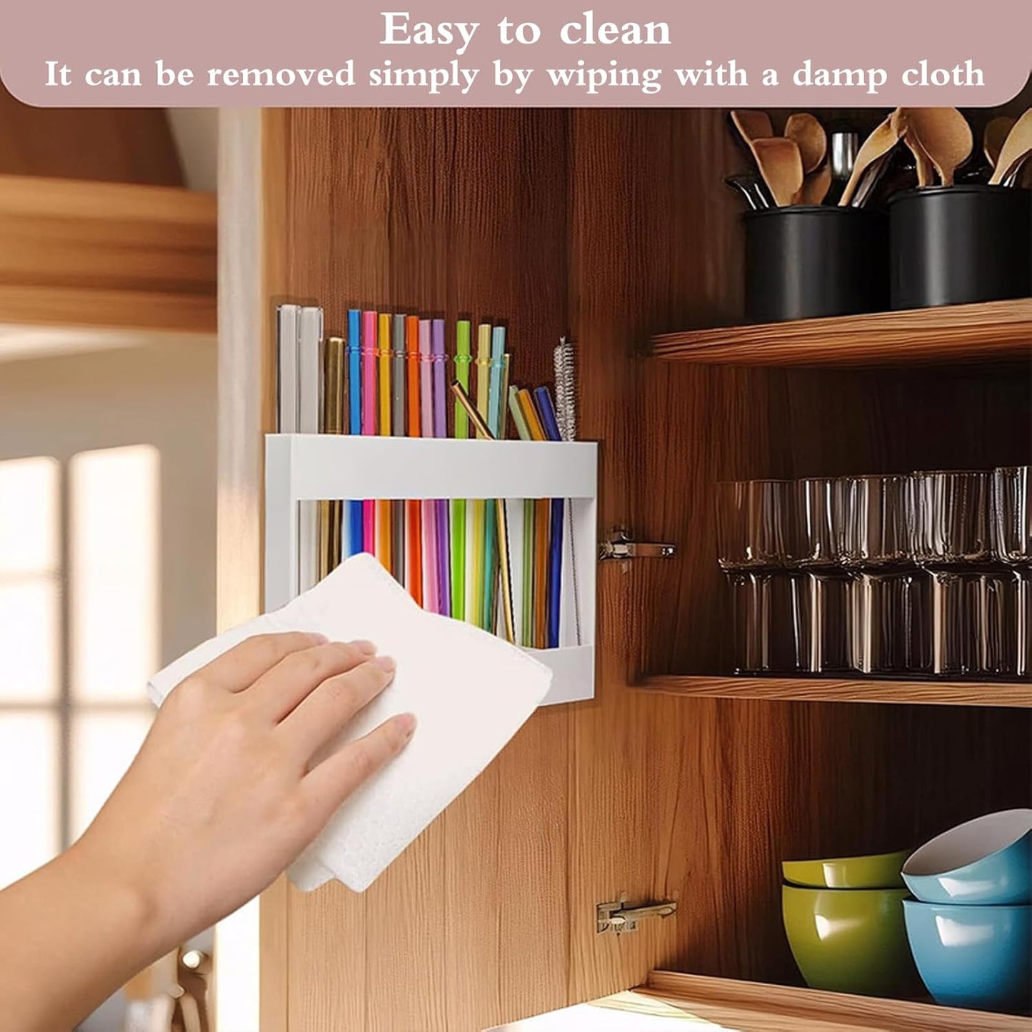 Acrylic Straw Holder Organizer - Cabinet Door Mounted with Adhesive Tape, Reusable Storage for Drinking & Tumbler Straws, Space Saving Kitchen Organization