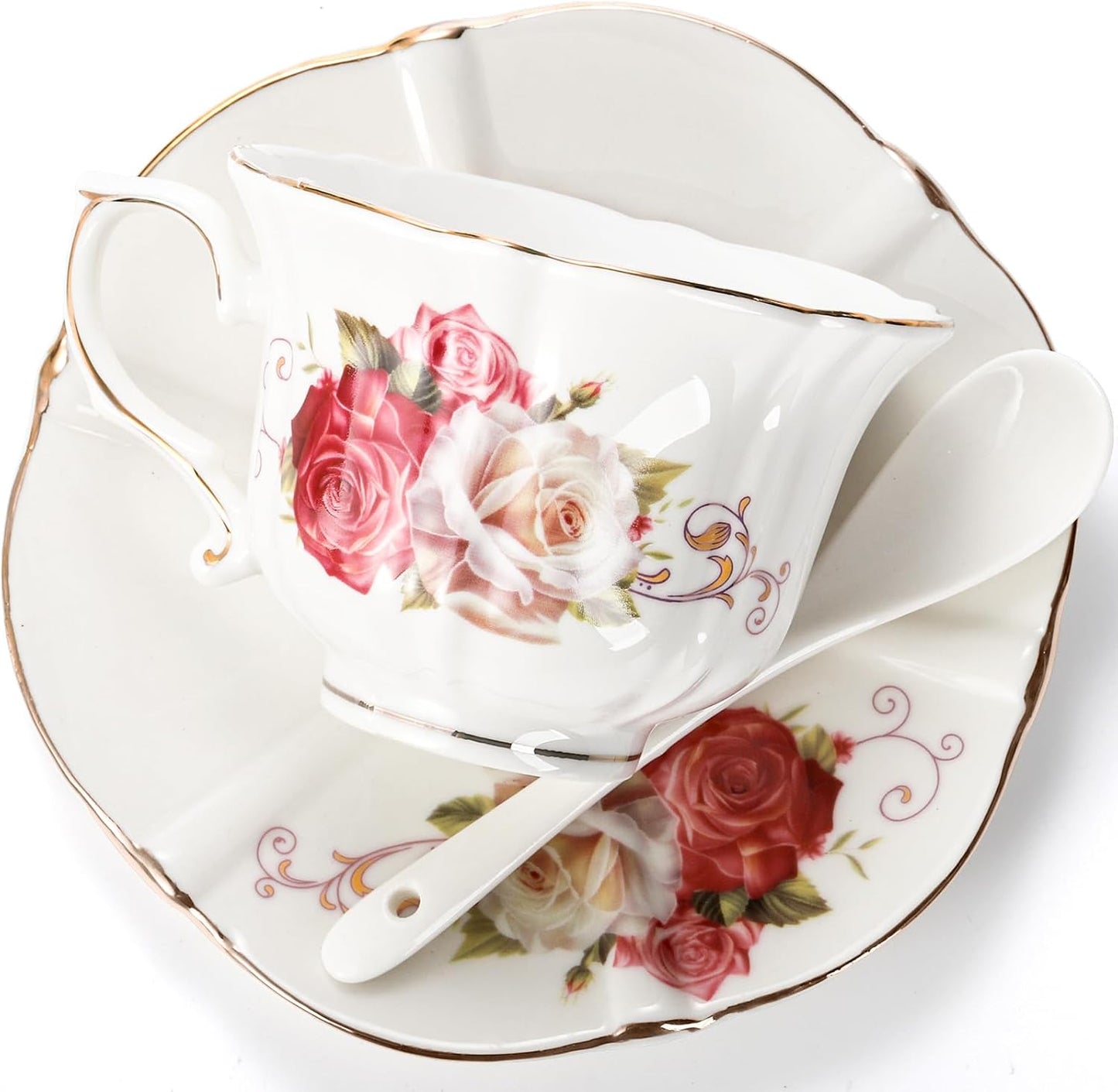 Foraineam Tea Cup and Saucer Set of 6, Porcelain Ivory Rose Tea Cups with Saucers and Spoons, 6 oz Floral Coffee Cup Set with Gold Trim, Latte Cups and Espresso Mug for Tea, Latte and Coffee Drinks