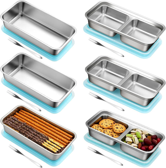 Stainless Steel Snack Containers with Lids, 3 Pack Reusable Lunch Box (3 Single + 3 Double Compartment) with Forks, Food Storage Bento Box for Work, Travel, Grab and Go, Leak Proof, Dishwasher-Safe