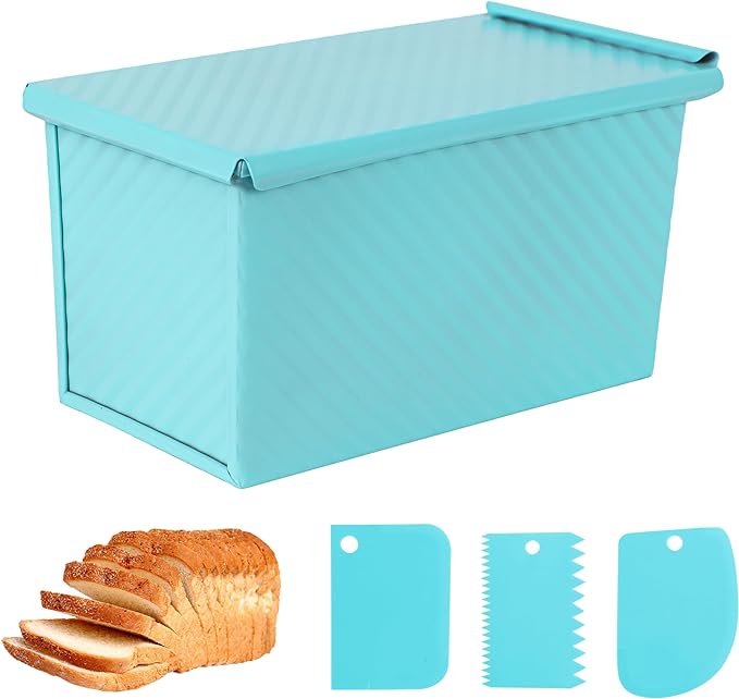 Blue Pullman Loaf Pan with Lid, Sandwich Bread Pullman Loaf Pan, 1LB Dough Capacity Rectangular Bread Pan, Non-Stick Loaf Pan with Dough Scraper Cutter for Sandwich Bread