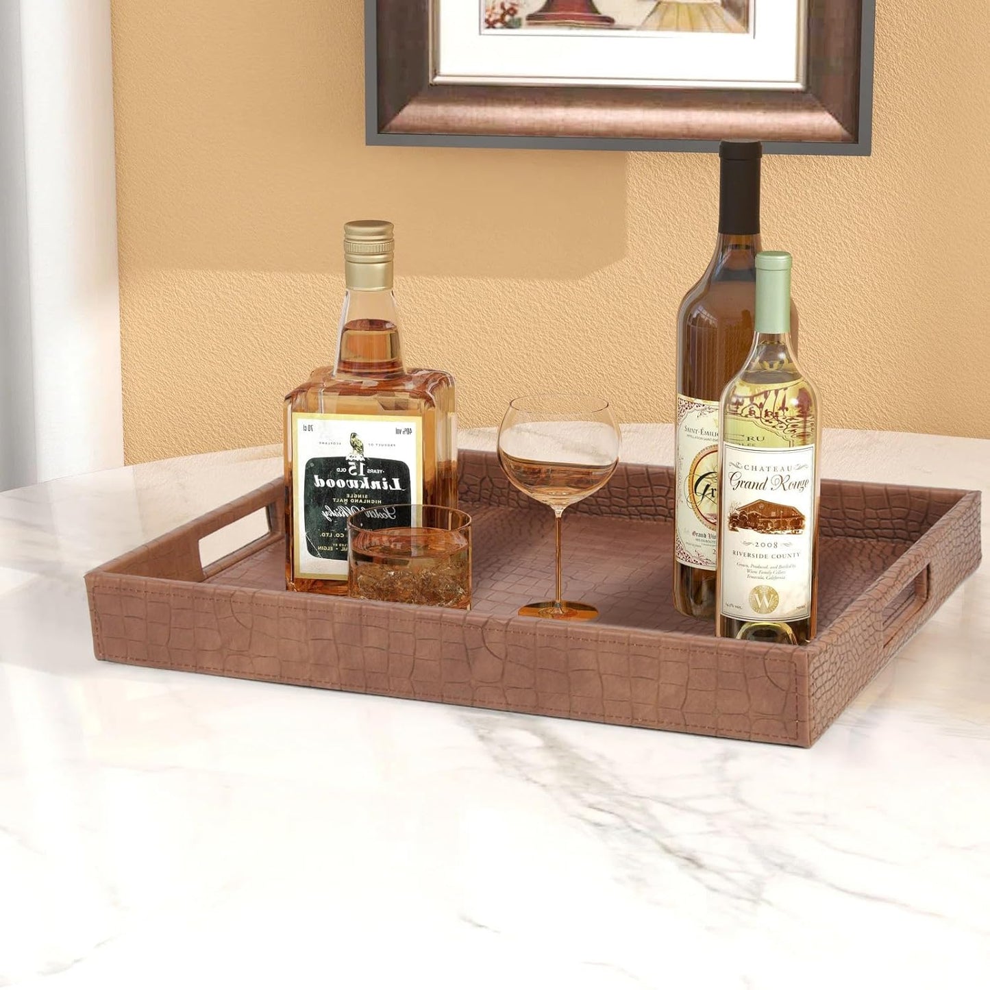 HofferRuffer Rectangle Serving Tray with Hole Handles for Coffee Table, Breakfast, Tea, Food, Butler - Countertop, Kitchen, Vanity Serve Tray, 16.2 x 12.2 x 2 inches, Faux Leather (Antique Brown)