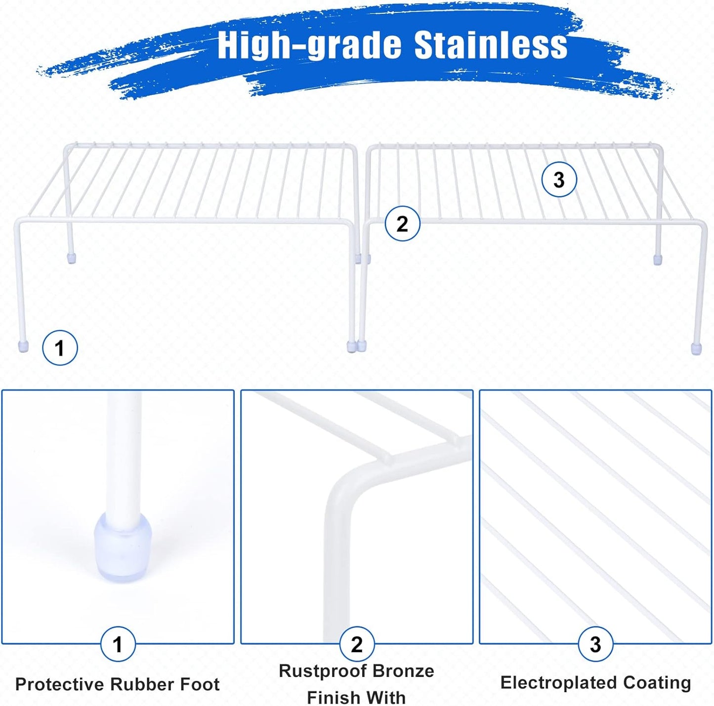 Kitchen Cabinet Storage Shelf Rack/Plastic Feet - (13.1 x 10.2 Inch) - Steel Metal - Rust Resistant Finish - Cups, Dishes, Cabinet & Pantry Organization (4, White)