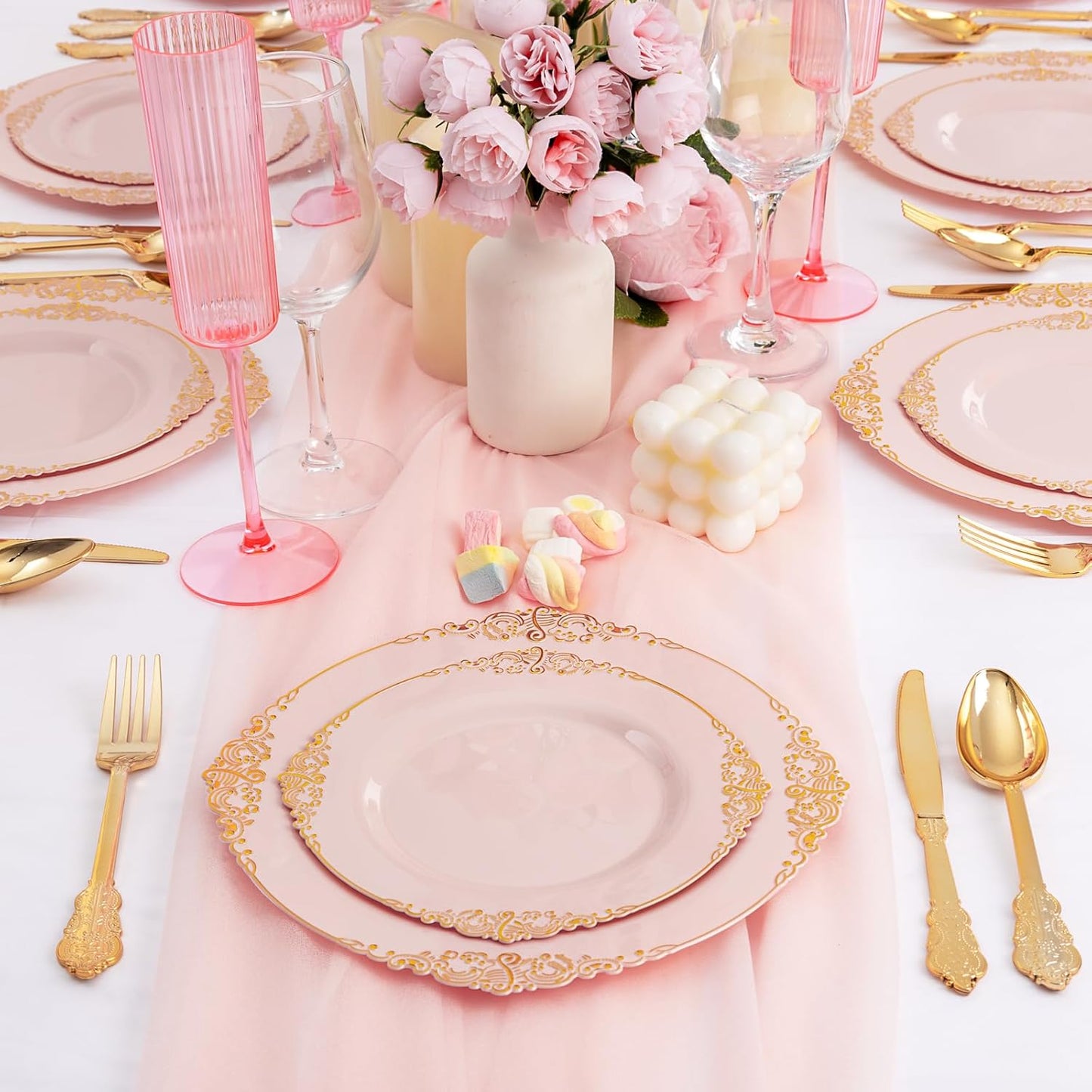 102PCS Pink Plastic Plates - Pink and Gold Plate - Heavyweight Disposable Plate with Gold Rim - Fancy Dinner & Dessert Plates for 51 Guests Weddings & Parties
