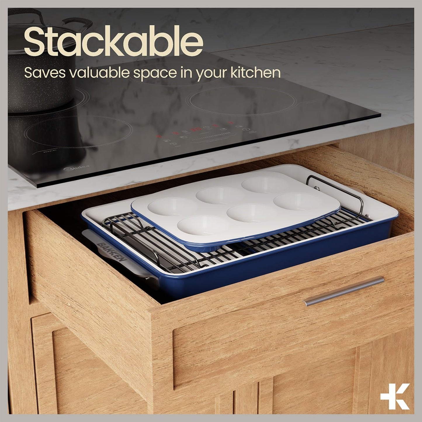 Bakken 8-Piece Stackable Bakeware Set - Ceramic Non-Stick Coating, Baking Sheets, Assorted Baking Pans, PTFE, PFOA & PFOS Free - Healthy Baking, Ergonomic Handles, Cooling Rack, Non-Toxic, Oven-Safe