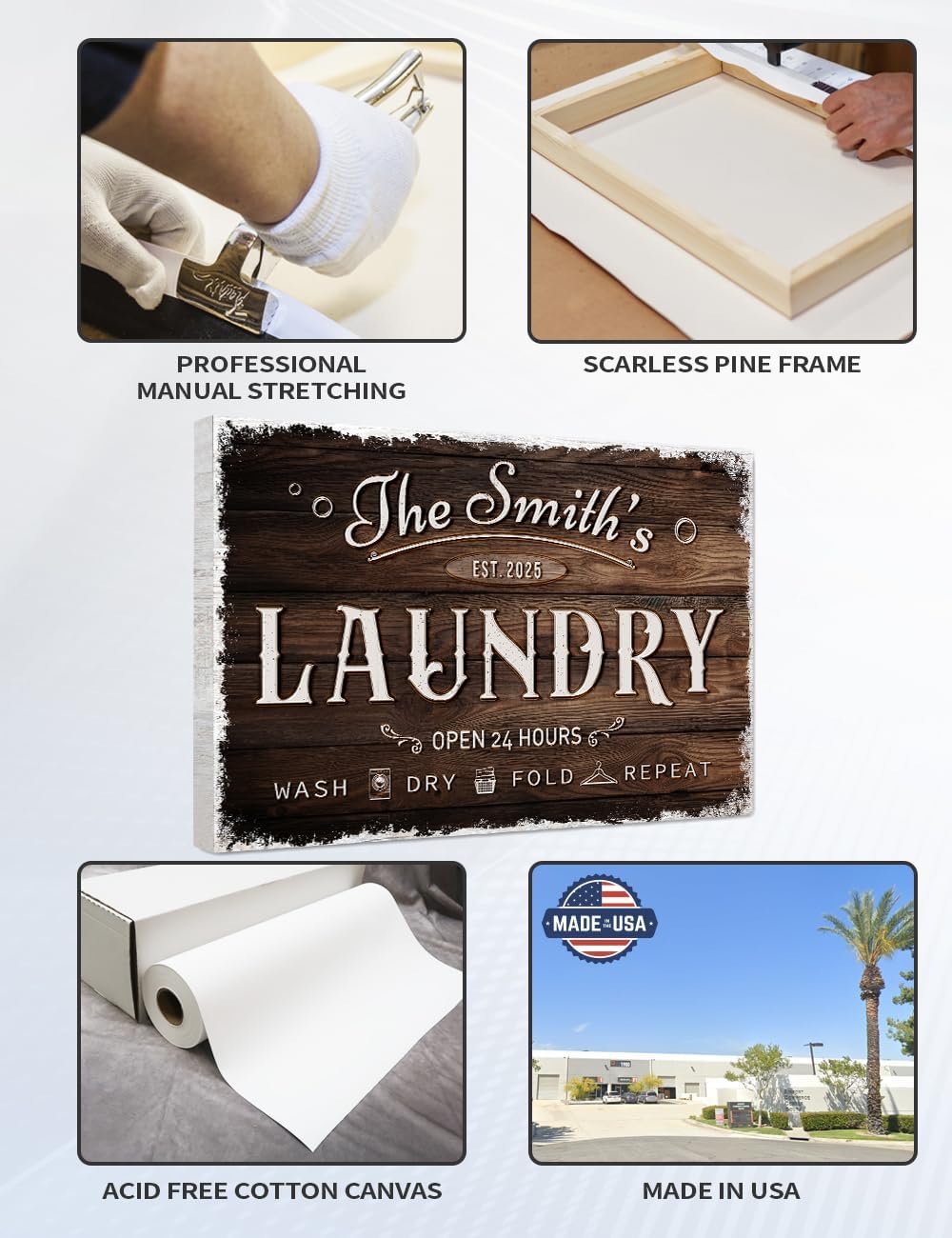 IPIC - Personalized Laundry Room Sign, Custom Canvas Wall Art with Family Name, Rustic Home Decor Printed Acid-Free Cotton Canvas for Business and Home, Made in USA and Ready to hang for Laundry Decor