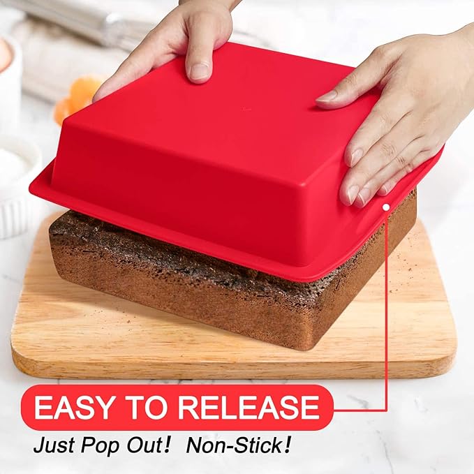 Walfos Silicone Square Cake Pan, 8 inch, Red, BPA Free, Non-Stick, Perfect for Brownies, Cakes, Bread, Pies, and Lasagna, Set of 2