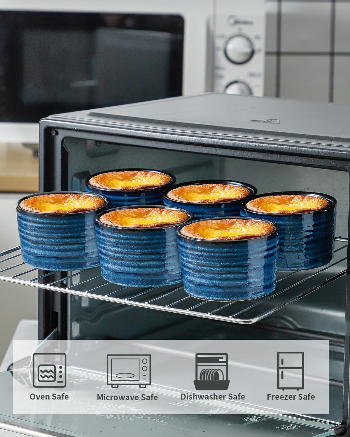 Ramekins 8 oz Oven Safe,Set of 6 Ceramic Souffle Dish Oven Safe for Creme Brulee,Porcelain Creme Custard Cups for Pudding,Creme Brulee,Serving Dip, Custard,Ice Cream,Dishwasher Safe,Blue