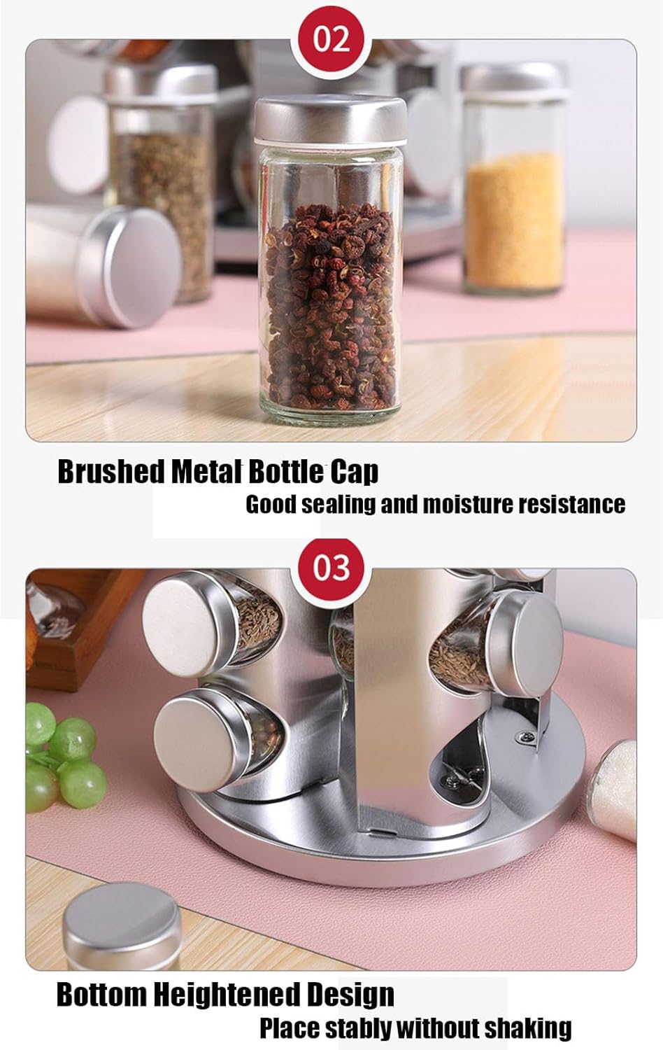 Spice Rack, Spice Rack Organizers for Countertop, Rotating Countertop Spice Rack, Revolving Spice Rack for Kitchen, Kitchen Gadgets, Organizer Rack with Spice Jars (Silver, RoundHead_16Jars)