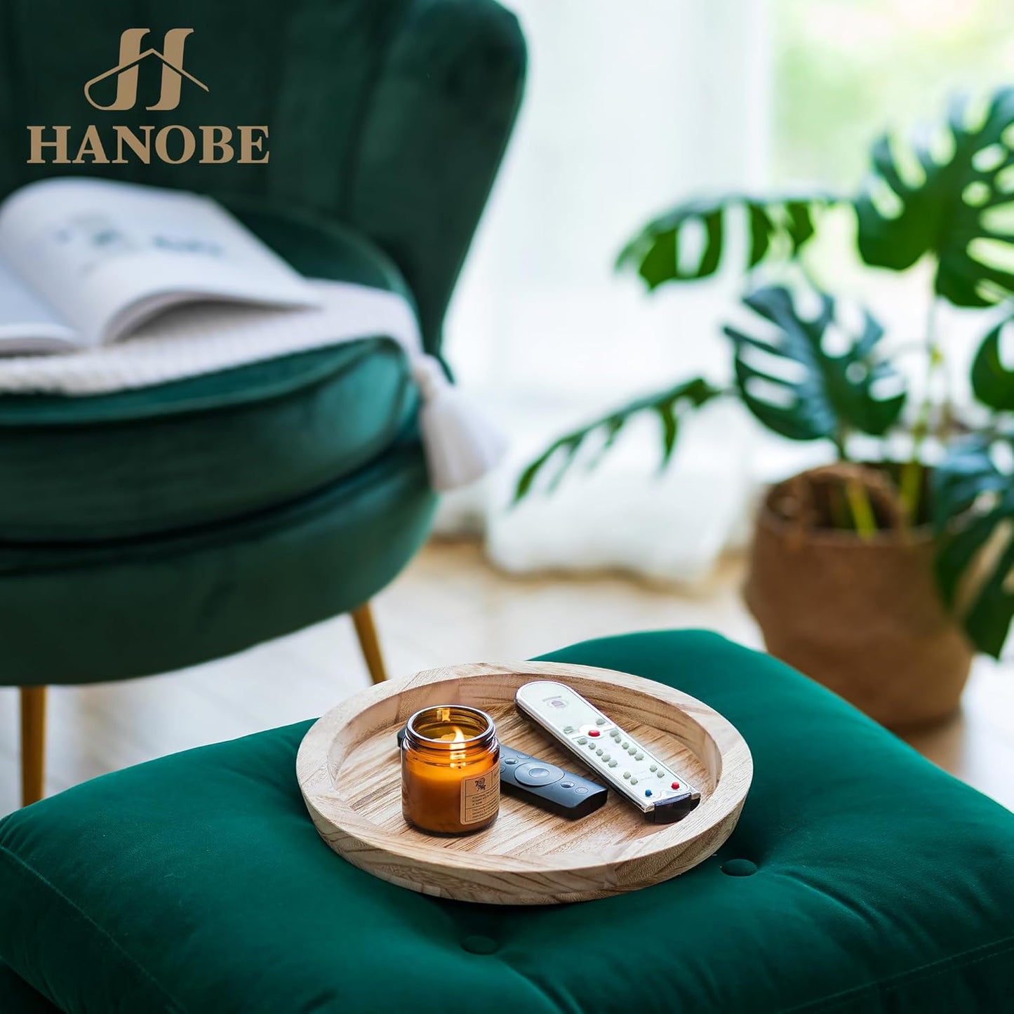 Hanobe Rustic Wooden Serving Tray: Round Wood Decorative Tray Rustic Centerpiece Candle Holder Trays Farmhouse Ottoman Tray for Decor Kitchen Counter Home Decor for Coffee Table