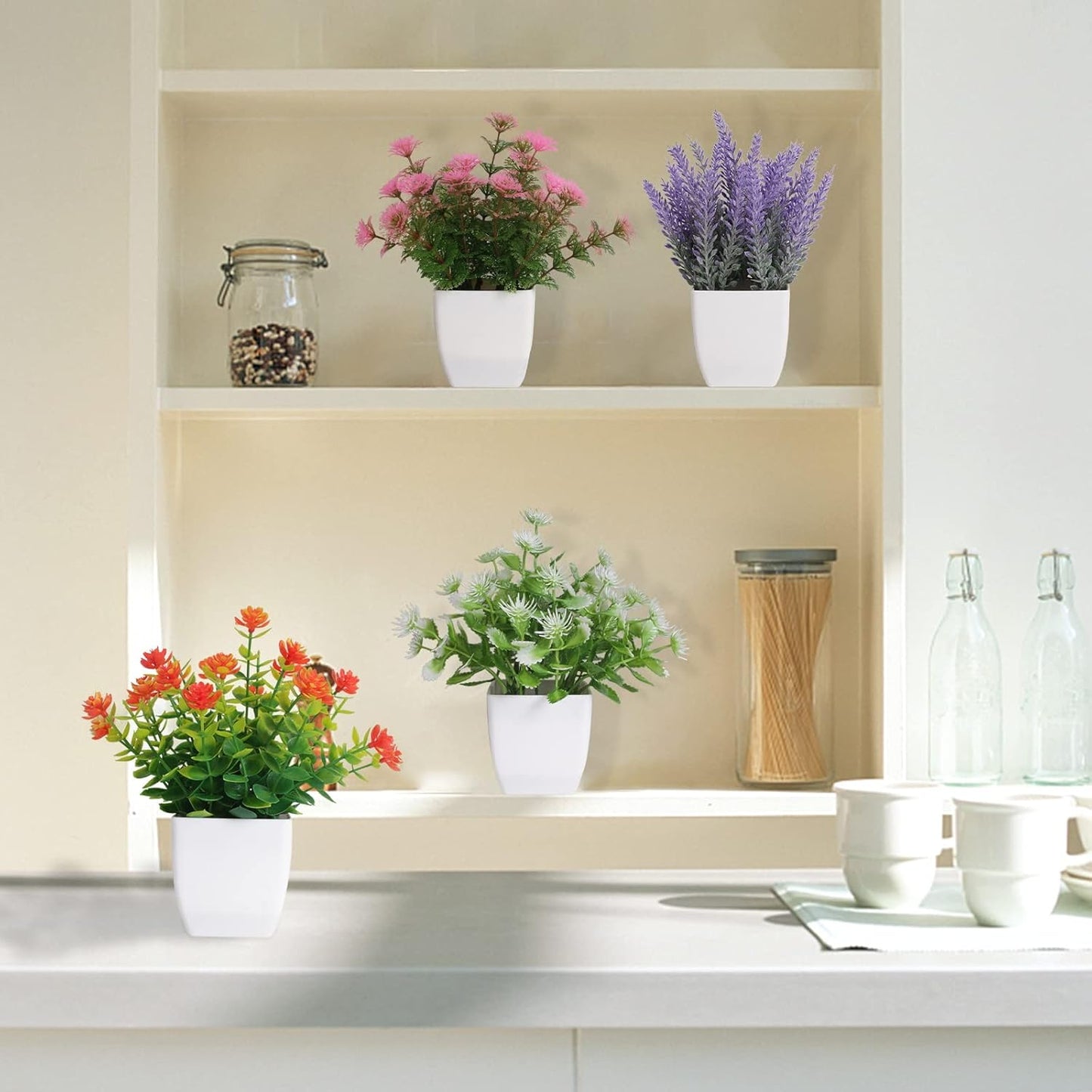 Artificial Potted Flowers 4pcs Fake Small Plant in Pot Mini Faux Plant Door House Office Tabletop Kitchen Colorful Greenery Decor