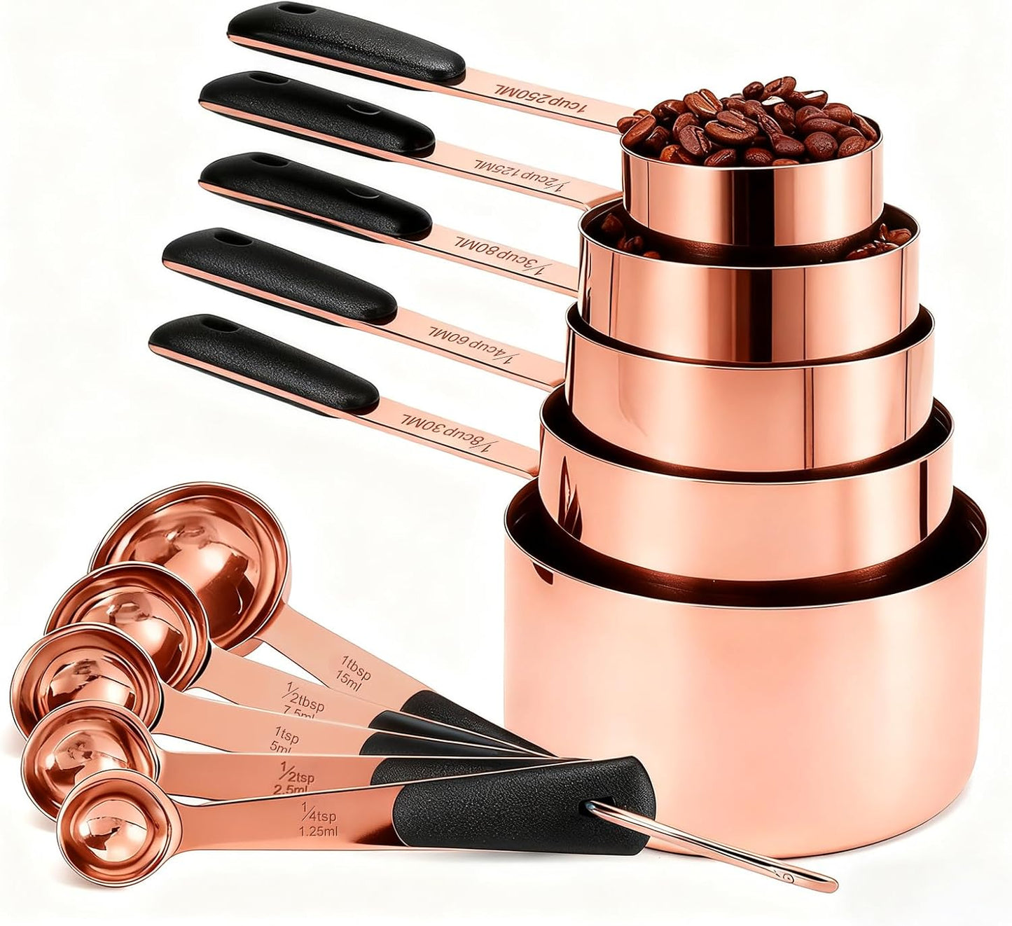 Measuring Cups and Spoons Set, Stainless Steel 10 Piece for Cooking and Baking (5 Cups + 5 Spoons, Rose Gold)
