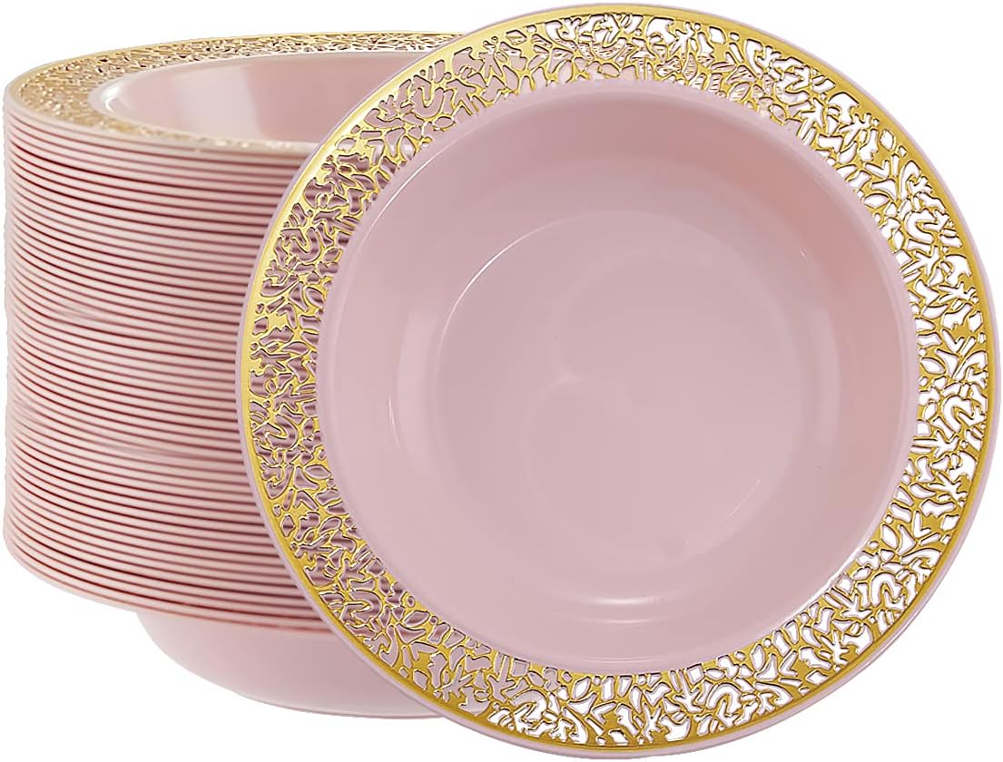 I00000 60pcs Pink Gold Plastic Bowls, 12 oz Dessert Bowls, Gold Lace Trim China Look, Premium Heavy Duty Soup Bowls for Party, Disposable salad Bowls for Wedding