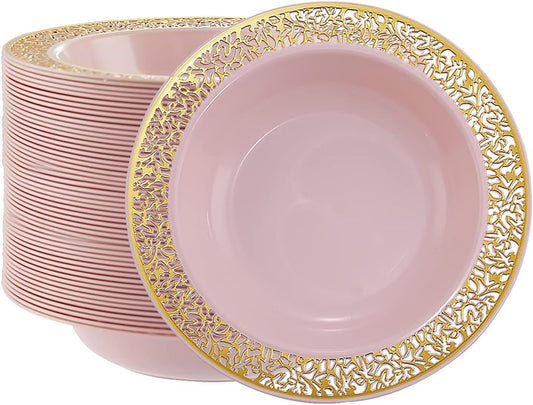 I00000 60pcs Pink Gold Plastic Bowls, 12 oz Dessert Bowls, Gold Lace Trim China Look, Premium Heavy Duty Soup Bowls for Party, Disposable salad Bowls for Wedding