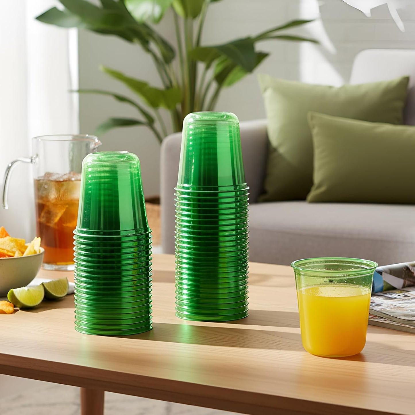 Disposable Stemless Glasses 12oz Crystal Plastic Wine Glasses Clear Classic Pet Cup for Meeting Weddings Birthdays Cocktail Christmas Party Supplies(Green,50 Pcs)