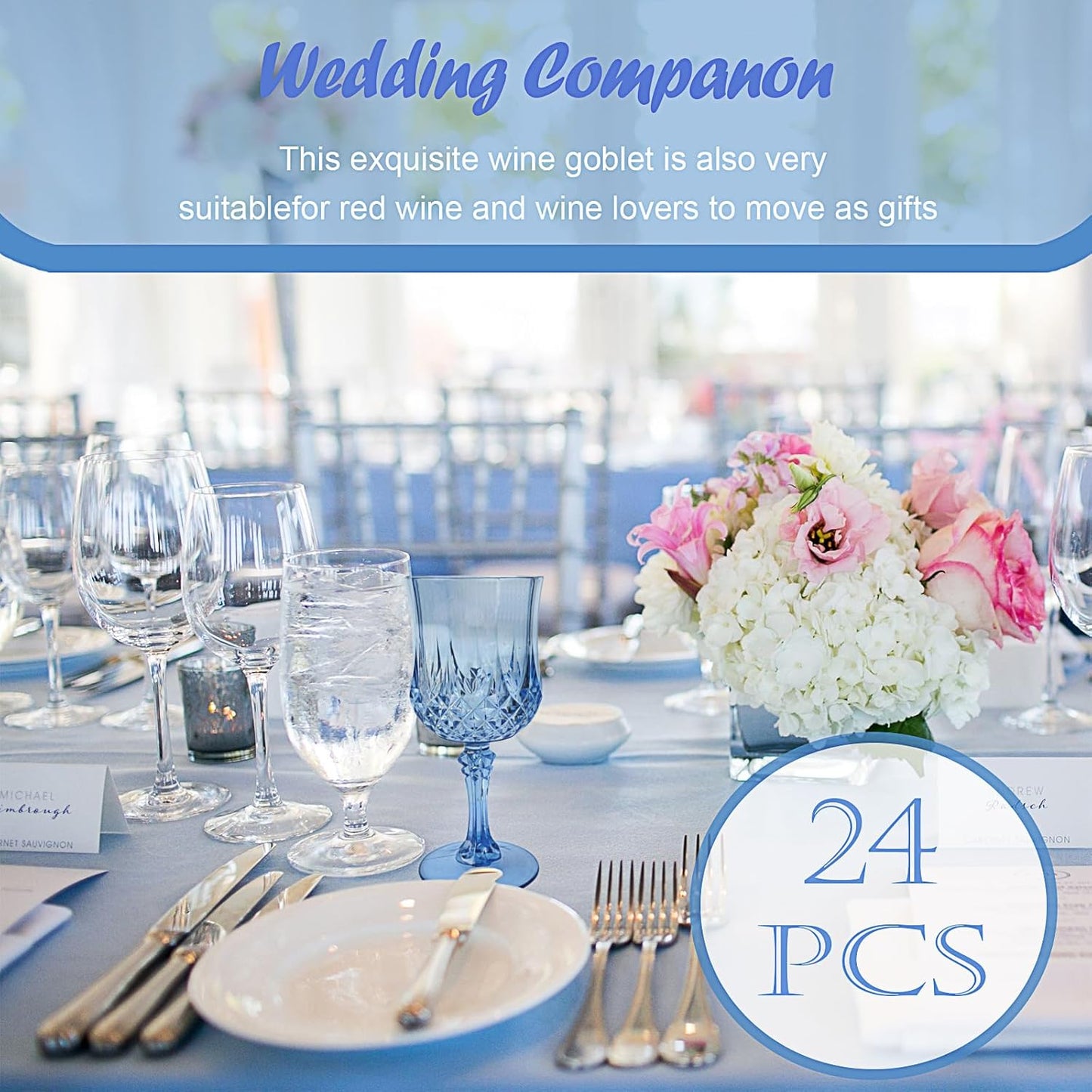 24 PCS Blue Plastic Wine Glasses,Reusable Plastic Wine Glasses,Blue Goblet Glass,Durable and Sturdy Cups Can Be Used for Various Parties Such as Weddings!