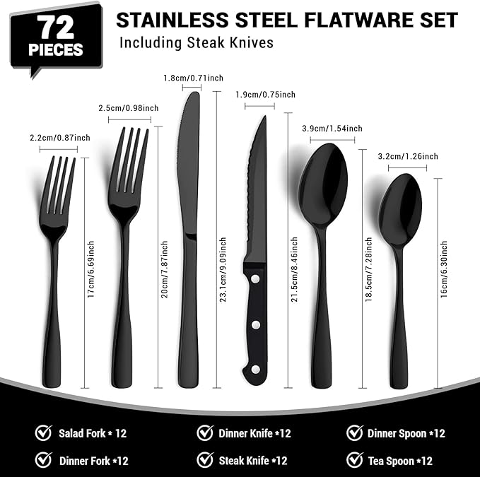 BEWOS 72-Pieces Black Silverware Set for 12 - Stainless Steel Flatware Set with Mirror Polish, Black Silverware Set Including Steak Knives, Forks and Spoons, Dishwasher Safe for Restaurant