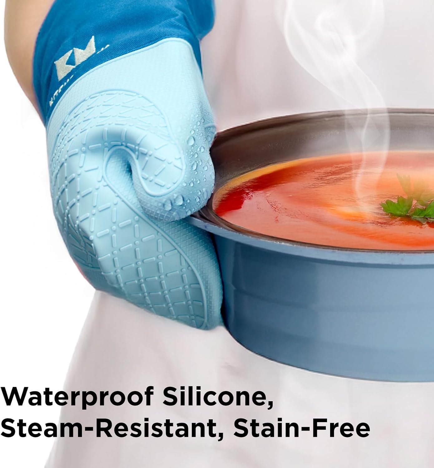 Kitchen Mama UltraShield Silicone Oven Mitts – Heat Resistant, Non-Slip Surface, Durable, Safe, Pot Holders, Flexible Waterproof Glove Set, Perfect for Cooking, Baking, Grilling, BBQ (Blue)