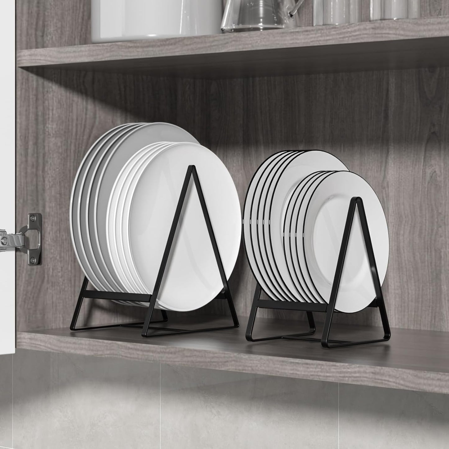 2 Large 1 Small Triangle Plate Holders Organizers Upright Cabinet Dish Drying Racks Metal Plate Dish Organizers Racks Stands for Countertop and Cupboard Black