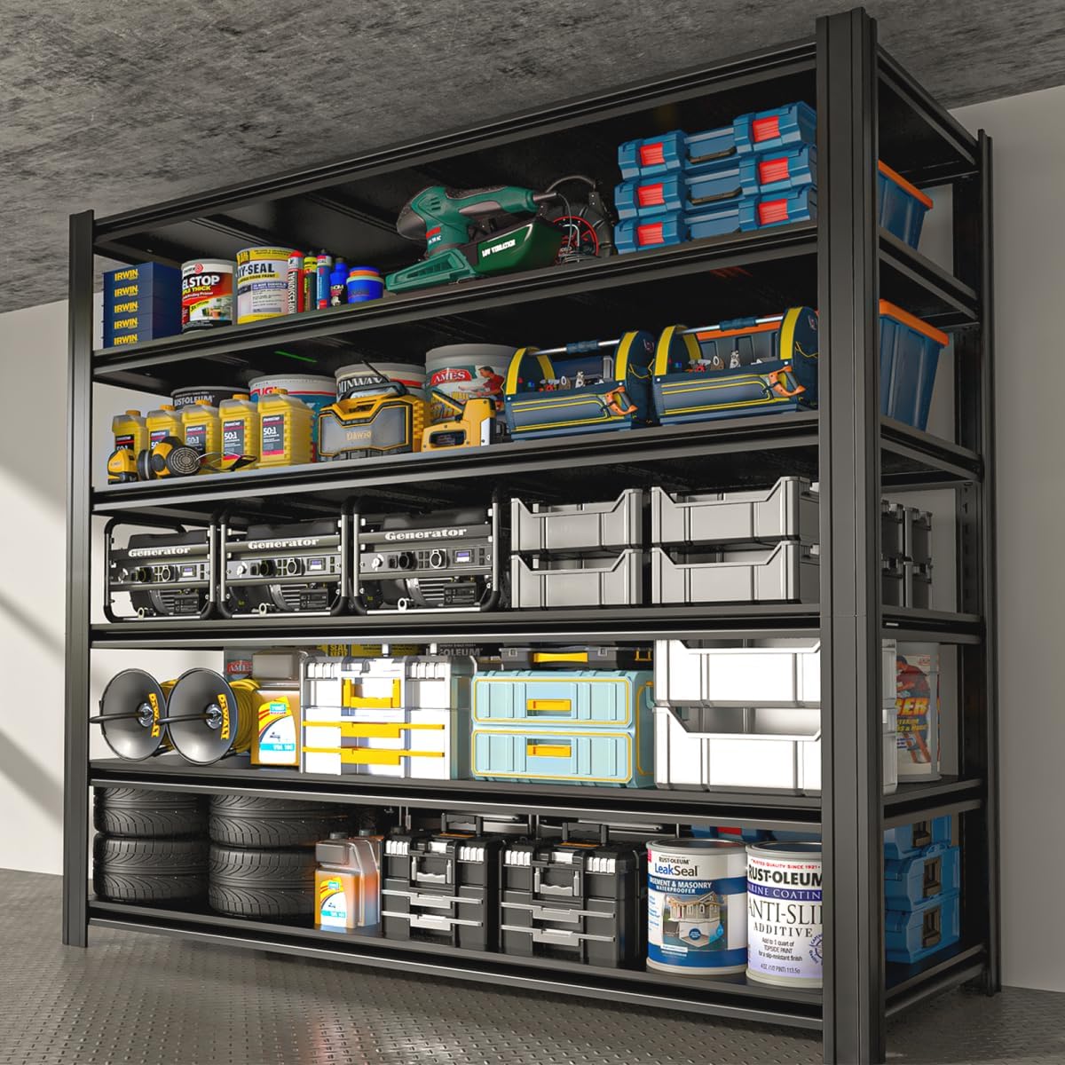 55.12" W Father&I 6-Shelf Industrial Adjustable Heavy-Dudy Tall Metal Steel Garage Storage Shelves Shelving Units/Rack System (Commercial) for Basement/Shop/Dorm, 84" H*55.12" W*24" D*, Black