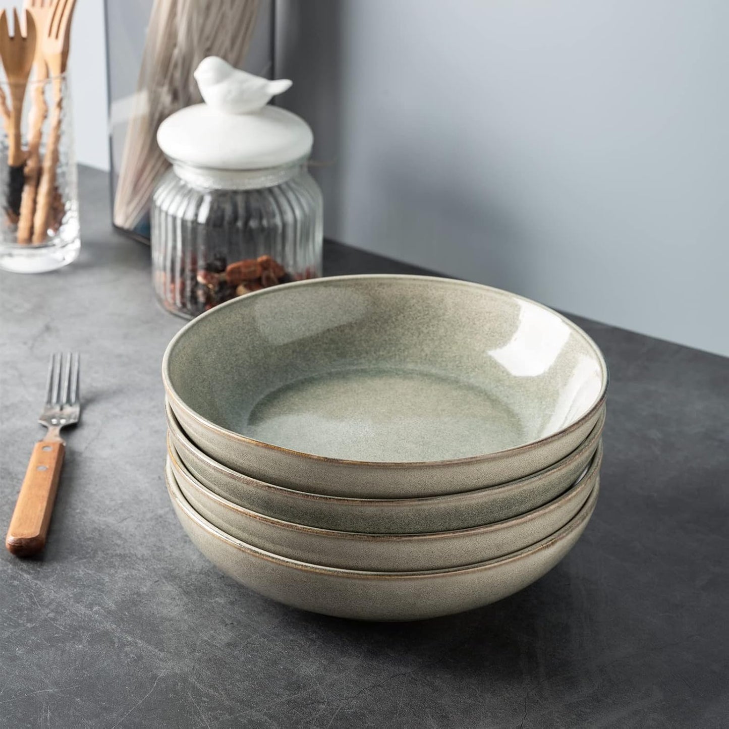 AmorArc 8.5'' Large Pasta Bowls, 36oz Stoneware Wide Serving Bowls Set of 4 for Kitchen for Salad,Fruit,Oatmeal, Microwave Safe, Reactive Glaze