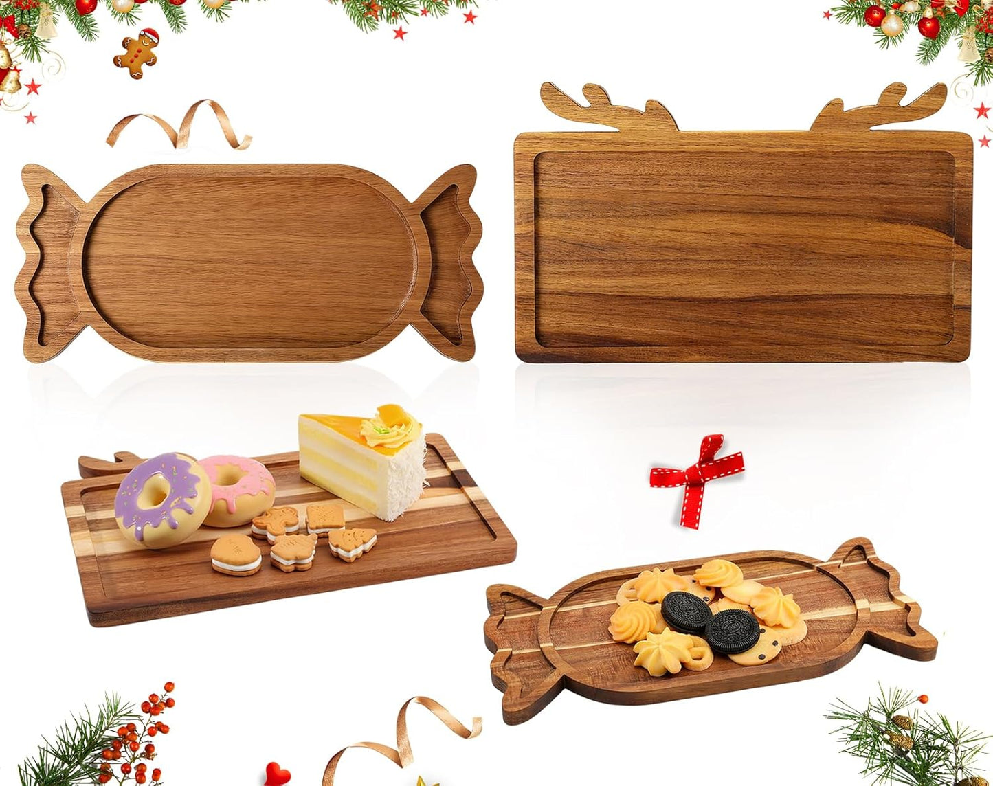 2 Pcs Christmas Charcuterie Boards, Antler & Candy Wooden Cutting Board with Handle, Acacia Wood Christmas Serving Tray for Cheese Fruit Bread Salad Vegetables Snack Dessert