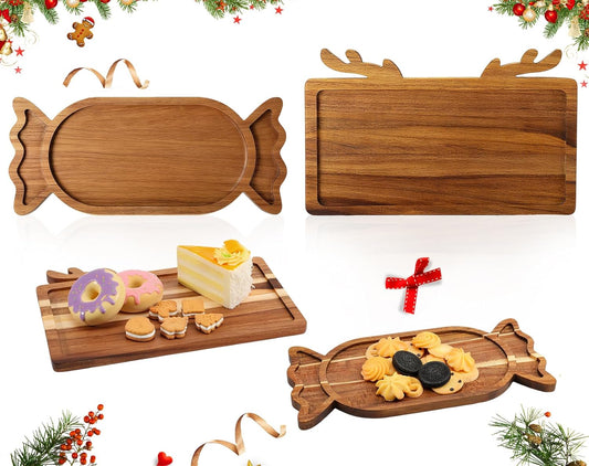 2 Pcs Christmas Charcuterie Boards, Antler & Candy Wooden Cutting Board with Handle, Acacia Wood Christmas Serving Tray for Cheese Fruit Bread Salad Vegetables Snack Dessert
