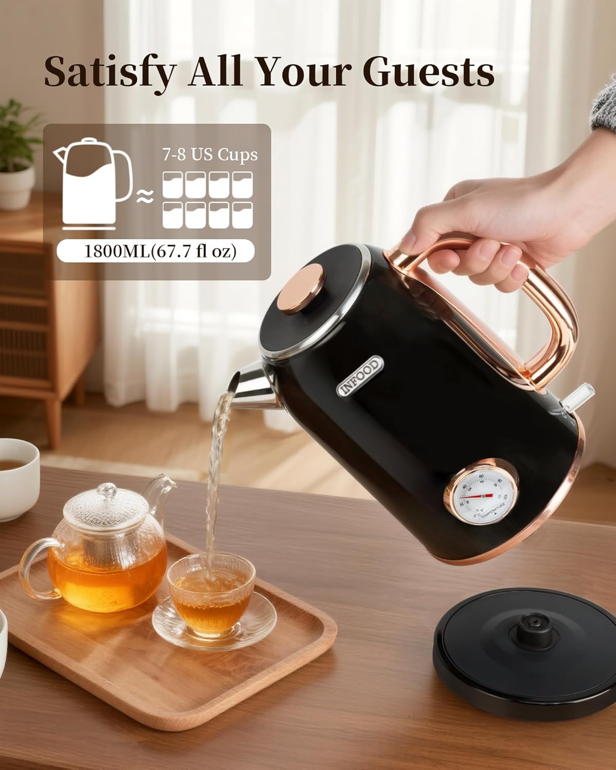 Retro Electric Kettle, 1.8L/60.8oz Hot Water Kettle Electric with Thermometer, 1200W Fast Heating Stainless Steel Tea Kettle for Boiling Water, Cordless, LED Indicator, Auto Shut-Off, Black
